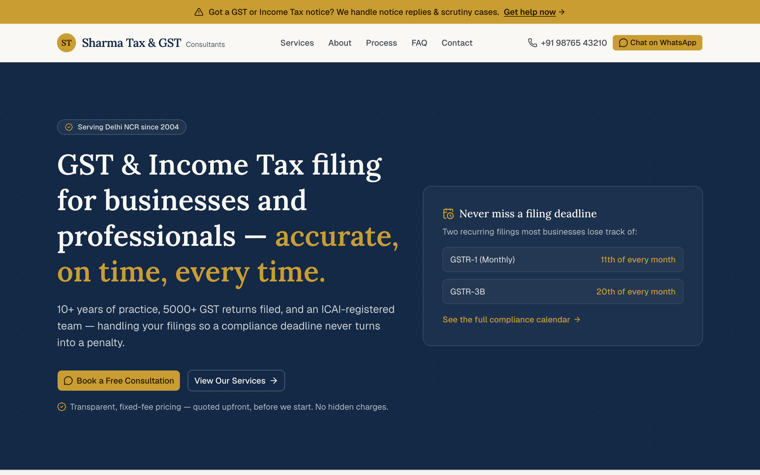 Screenshot of the live Sharma Tax & GST Consultants website